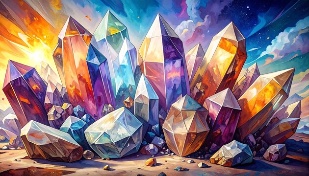 Vibrant Crystal Cluster - A Colorful Gemstone Fantasy Landscape.