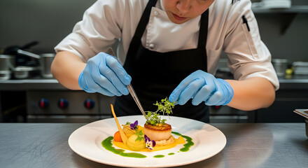 Culinary artistry in action: Chef meticulously plating a gourmet scallop dish with precision, digital art, AI generated