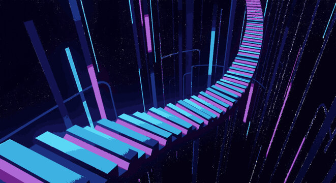 Futuristic neon piano keyboard stairs with blue and pink glowing keys in a dark abstract environment with vertical lines and vibrant