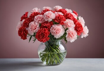 Fototapeta premium Vibrant Pink and Red Carnations in Glass Vase on Pink Background 