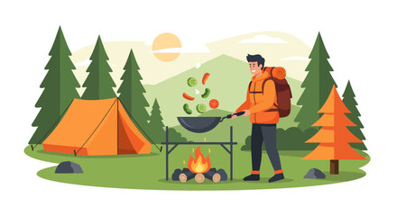 Naklejka premium Man cooking food outdoors during camping trip.