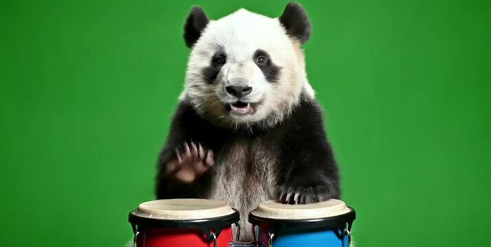 A giant panda playing red and blue bongo drums against a vibrant green screen background.