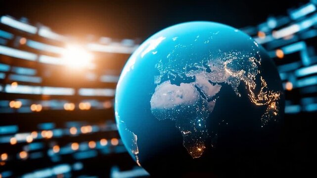 Global Perspective: A stunning depiction of the Earth, illuminated by city lights and bathed in an ethereal glow, floating against a backdrop that hints at the vast expanse of the cosmos.