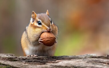 Chipmunk Clutching Acorn in Rainy Forest Setting with Damp Atmosphere