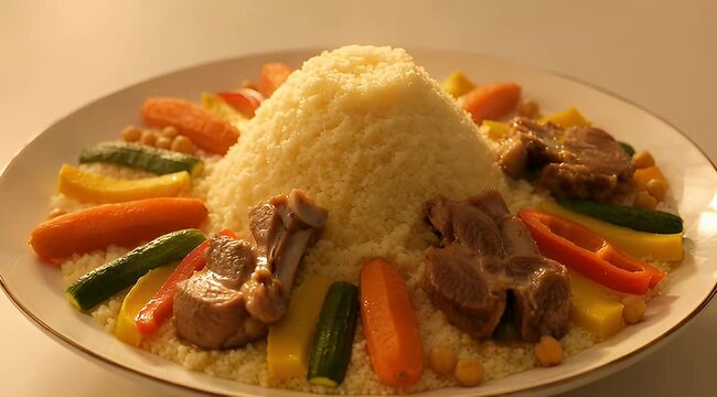 A generously plated couscous dish with meat and colorful vegetable arrangement