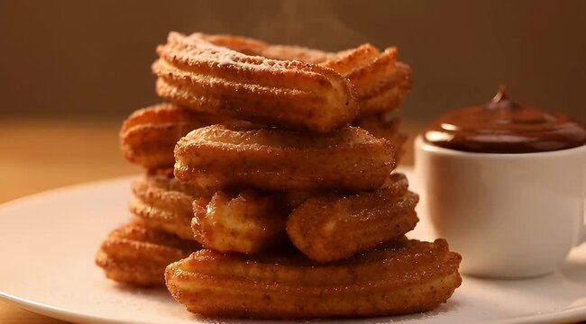 A stack of delicious churros served with a cup of chocolate sauce