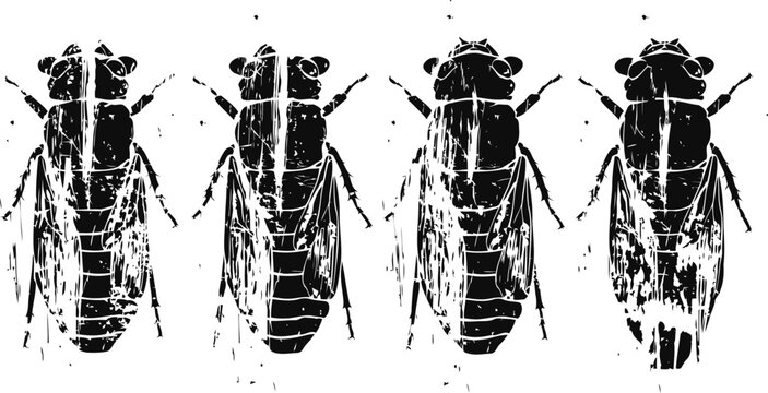 black and white illustration of cicadas in different wing positions with detailed segmented bodies
