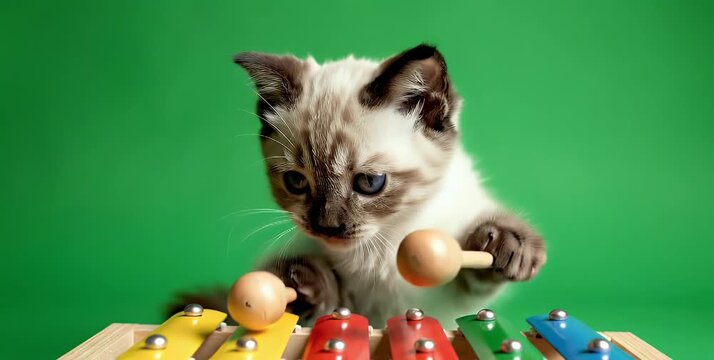 A cute kitten with blue eyes playing a colorful toy xylophone with wooden mallets on a vibrant green background.