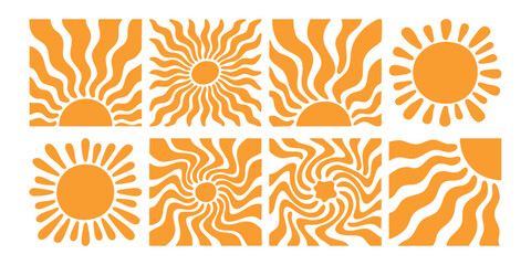 Abstract retro groovy orange sun and sunburst shapes set in psychedelic wavy style vector illustration © GraphixEra