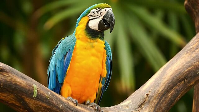Beautiful Blue and Yellow Macaw Perched on a Branch in Nature.