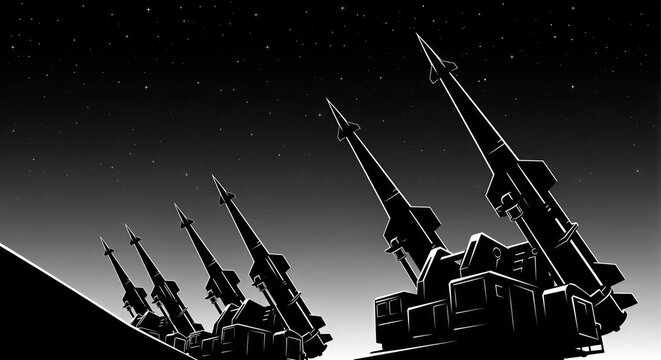 Several imposing missile launch systems stand ready against a dark, starry night sky creating a silhouette of advanced weaponry.
