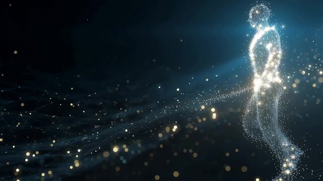 Futuristic digital human running made of glowing data particles