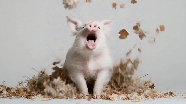 Playful Piglet in Delight: A small, pink piglet, caught mid-squeal, revels in a playful moment amidst a shower of natural textures, capturing the essence of innocence and joy.