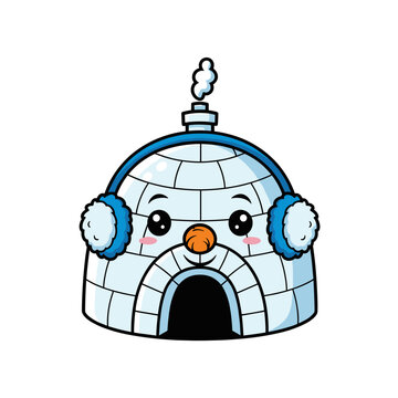 Adorable cartoon igloo character wearing blue earmuffs and smiling