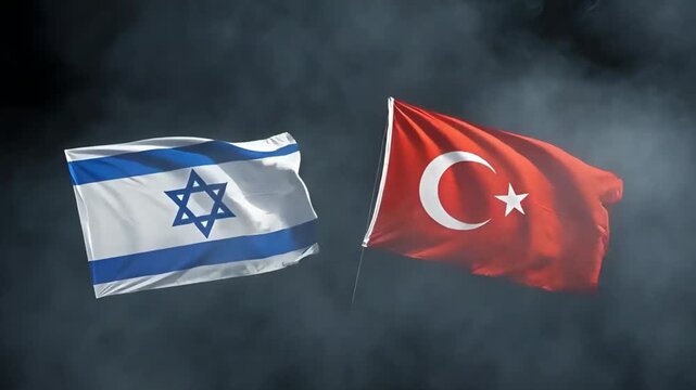 israel and turkey flags waving in thick white smoke clouds on black background