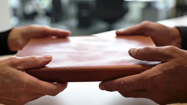 Close-up shot of two people exchanging a beautifully crafted leather-bound book, symbolizing the transfer of knowledge, tradition, or a valuable gift in an office setting, studio shot