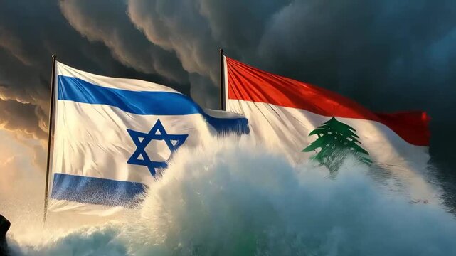 flags of israel and lebanon set on a rocky shore against a stormy ocean with powerful waves and dark sky representing regional crisis