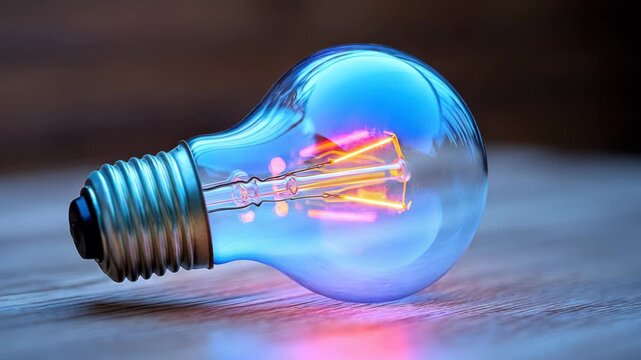 Lit electric bulb in vibrant hues, resting on a wooden surface, with filament visible