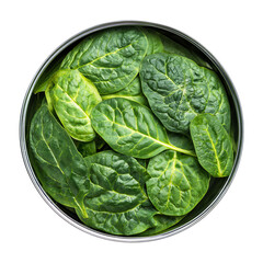 Obraz premium PNG of Fresh green spinach leaves in a silver bowl, showcasing their vibrant color and texture.