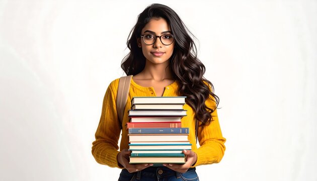 A young woman with dark wavy hair and glasses stands, a backpack on, holding a stack of books. Her yellow sweater adds a pop of color