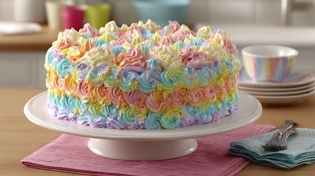 Rainbow frosted birthday cake with colorful swirls image
