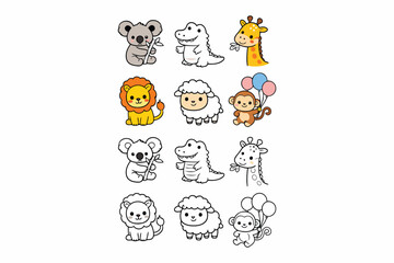 Obraz premium Colorful and whimsical lineup of cartoon animals and characters in playful poses
