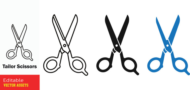 Vector scissors icons collection: Set of tailor shears and cutting tool symbols. Professional silhouettes, minimalist outlines, and blue variants for fashion design, sewing, crafts, and stationery.