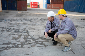 wo engineers in hardhats and uniforms crouching to inspect cracked concrete pavement at a shipping container terminal, discussing infrastructure repair, logistics maintenance, and site safety.