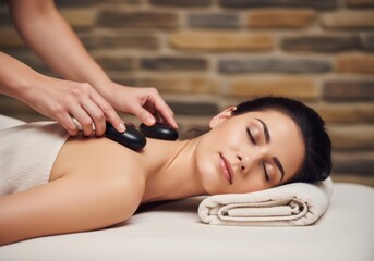 Obraz premium Woman receiving hot stone massage therapy on a massage table