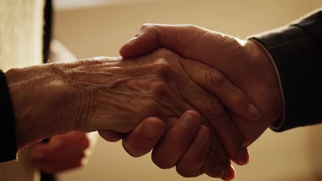 A close-up captures the profound connection between generations as an elderly hand clasps a younger one in a symbolic handshake, embodying trust, respect, and the passage of time.