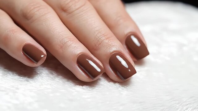 Elegant Brown Nail Polish on a Hand Resting on a White Surface.