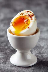 Soft boiled egg in a white minimalist stand served for breakfast on a simple background