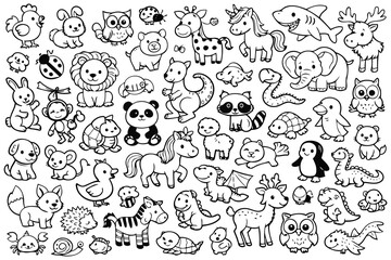 Fototapeta premium Whimsical black and white line drawing collection of diverse animals and objects