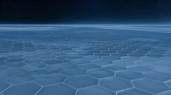 Blue hexagonal tile surface extending to the horizon under a starry sky
