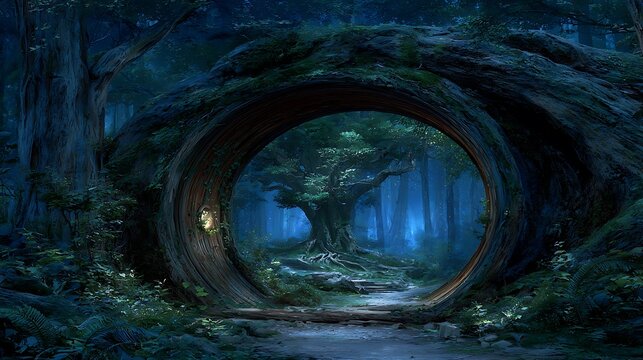 Mystical forest tunnel with ancient tree image
