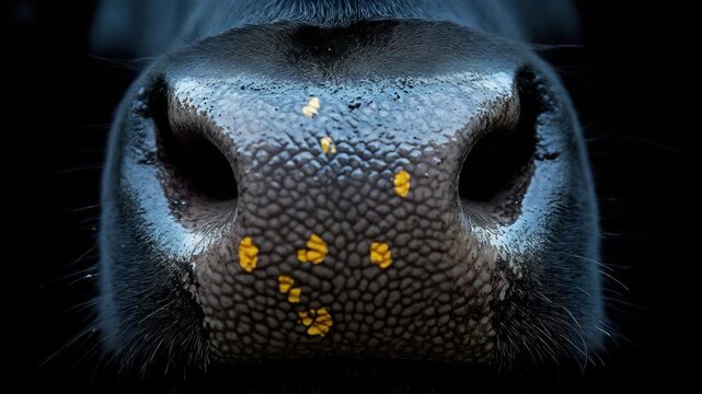 Macro shot of an animal's snout with intricate texture, dark tones, and golden spots