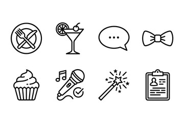 Celebration and event icons: no food, cocktail, chat bubble, bow tie, cupcake, microphone, magic wand