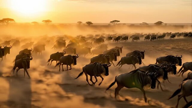 Herd of Wildebeest Running at Sunset.