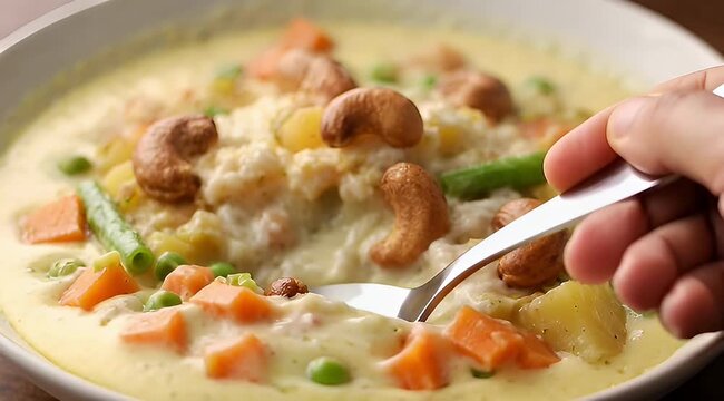 Creamy and delightful vegetable Korma with cashews being eaten with a spoon