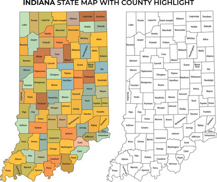 Indiana state map with county highlight colorful illustration of us state with highlighted counties and black and white outline on white background