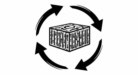 Recycling symbol surrounding a textured cube, representing circular economy and sustainability.