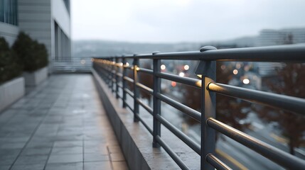 Fototapeta premium A modern balcony overlooks a wet urban cityscape at dusk with integrated lights along the railing