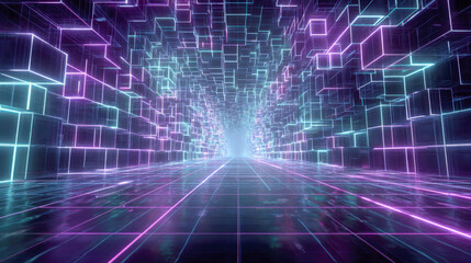 Futuristic neon synthwave background with glowing purple and cyan grid lines forming a digital data tunnel through a cyber space corridor for metaverse gaming and high-tech virtual reality design