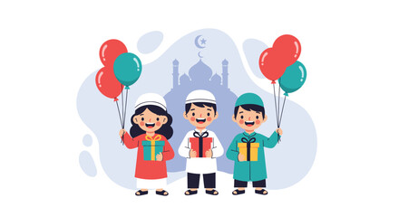 Fototapeta premium Three smiling cartoon children two boys and one girl are holding wrapped gifts and colorful balloons in front of a faint mosque silhouette, Generative AI
