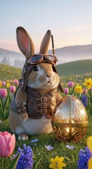 Steampunk rabbit in leather jacket with goggles beside illuminated ornate easter egg at sunrise in a flower meadow for spring wallpaper and banner design
