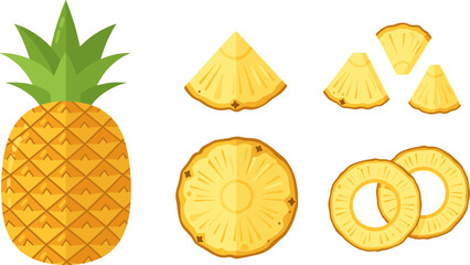 Naklejka premium Pineapple Icon Set Featuring Whole Pineapple, Pineapple Rings, Slices and Chunks for Tropical Fruit Design, Fresh Juice Graphics and Healthy Food Illustration