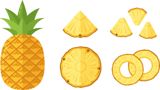 Pineapple Icon Set Featuring Whole Pineapple, Pineapple Rings, Slices and Chunks for Tropical Fruit Design, Fresh Juice Graphics and Healthy Food Illustration
