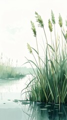 Obraz premium Watercolor Painting of Marsh Grass Along Calm Water with Reflections