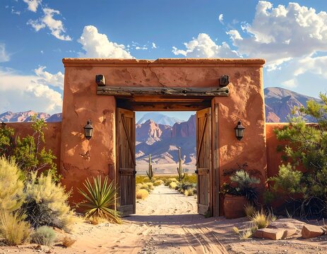 Adobe structure with an open doorway revealing a desert path, mountains, and a brilliant blue sky with clouds