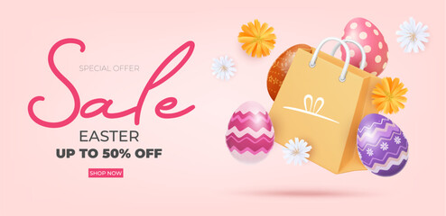 Obraz premium Easter Sale Banner with Eggs and Bag